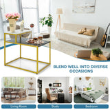 2-Tier Side Table with Metal Frame and Marble Finish Tabletop for Living Room