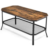 2-Tier Industrial Coffee Table with Open Mesh Storage Shelf for Living Room