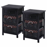 2 Pieces 3 Tiers Wood Nightstand Set with 1 Drawer and 2 Basket